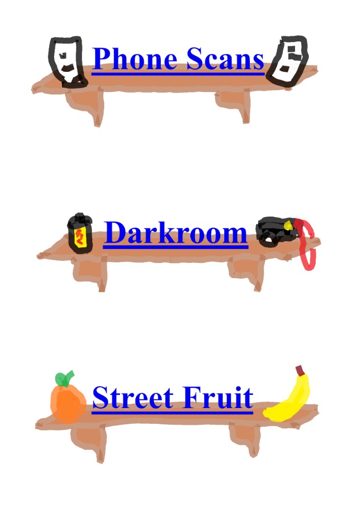 screenshot of cabinet dot yone dot house, displaying three shelves labelled street fruit, darkroom, and phone scans