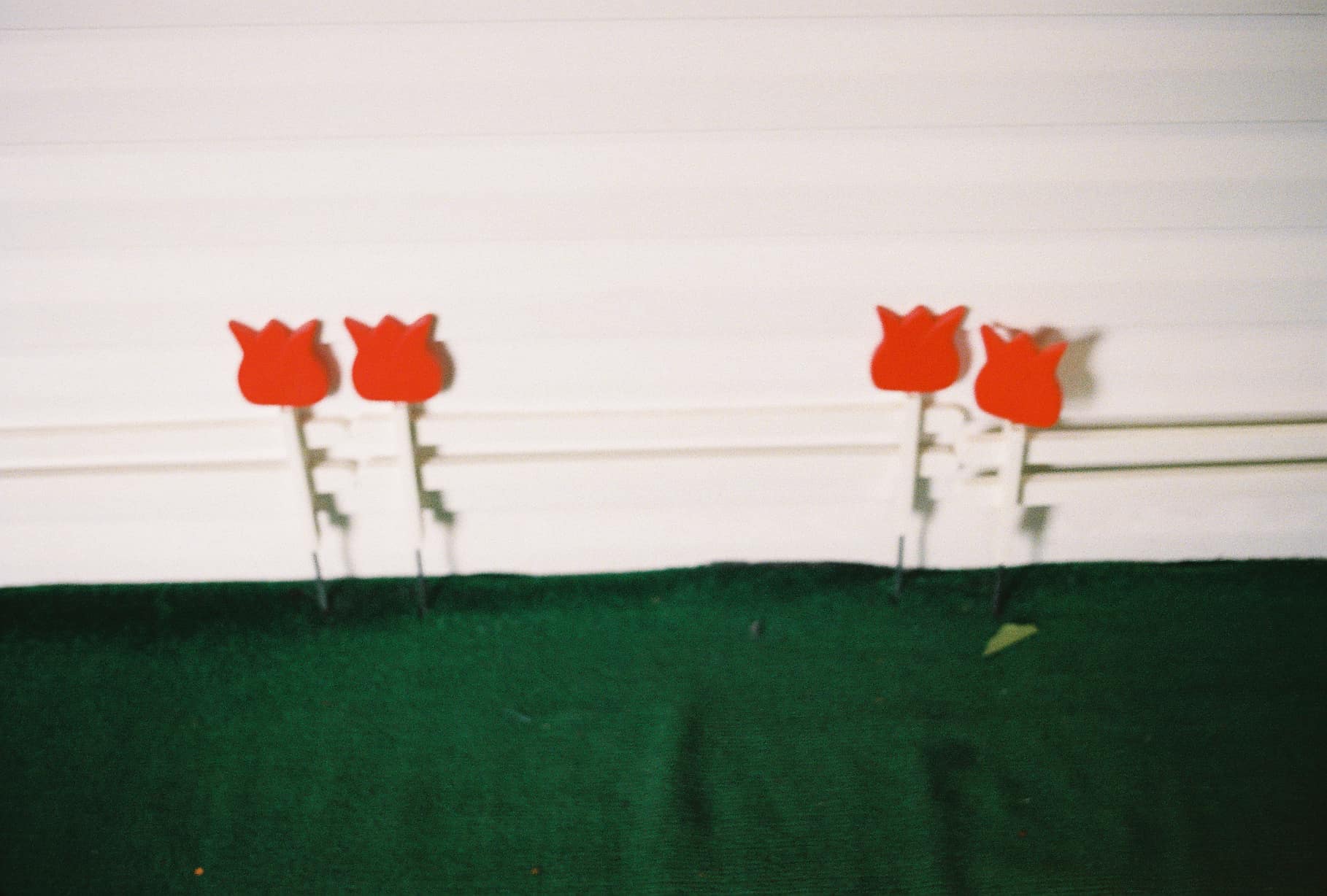 Blurry photograph of red tulips made of flat wood sitting on artificial turf in front of a wall covered in white vinyl siding. Extended notes: this was taken in Pittsburgh at The Mattress Factory in 2024, and is part of Greer Lankton's installation titled It's All About ME, Not You. Seeing Greer Lankton's work at the Mattress Factory in 2019 was a big part of my gender journey. I was like why am I crying so hard. Turns out I was crying so hard because I am trans. l o l.