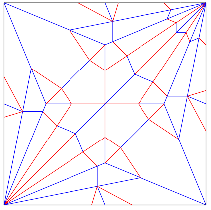 Crease pattern of an origami crane, which is a square with lots of blue and red lines criss-crossing. Its background is transparent, so the lines can be superimposed on other images.