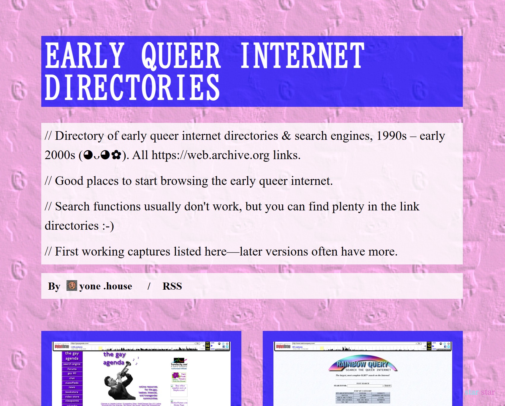 screenshot of queer search dot star star dot website, displaying the title of the page, which is queer internet search directories, with a background of a tiled pink image of a gay kiss